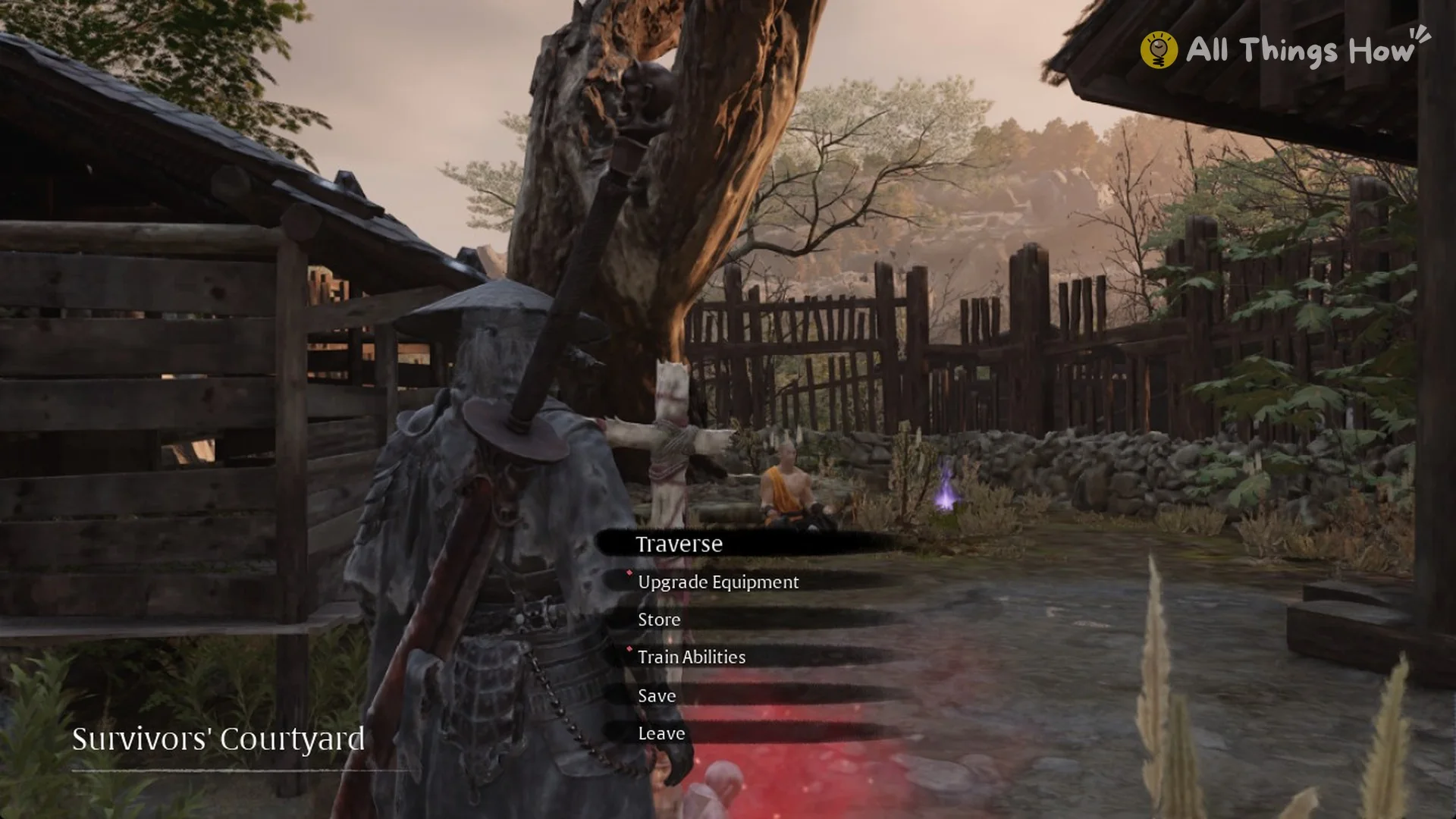 The Survivors' Courtyard bell menu with Traverse, Upgrade Equipment, Store, Train Abilities, Save and Leave, Phantom Blade Zero
