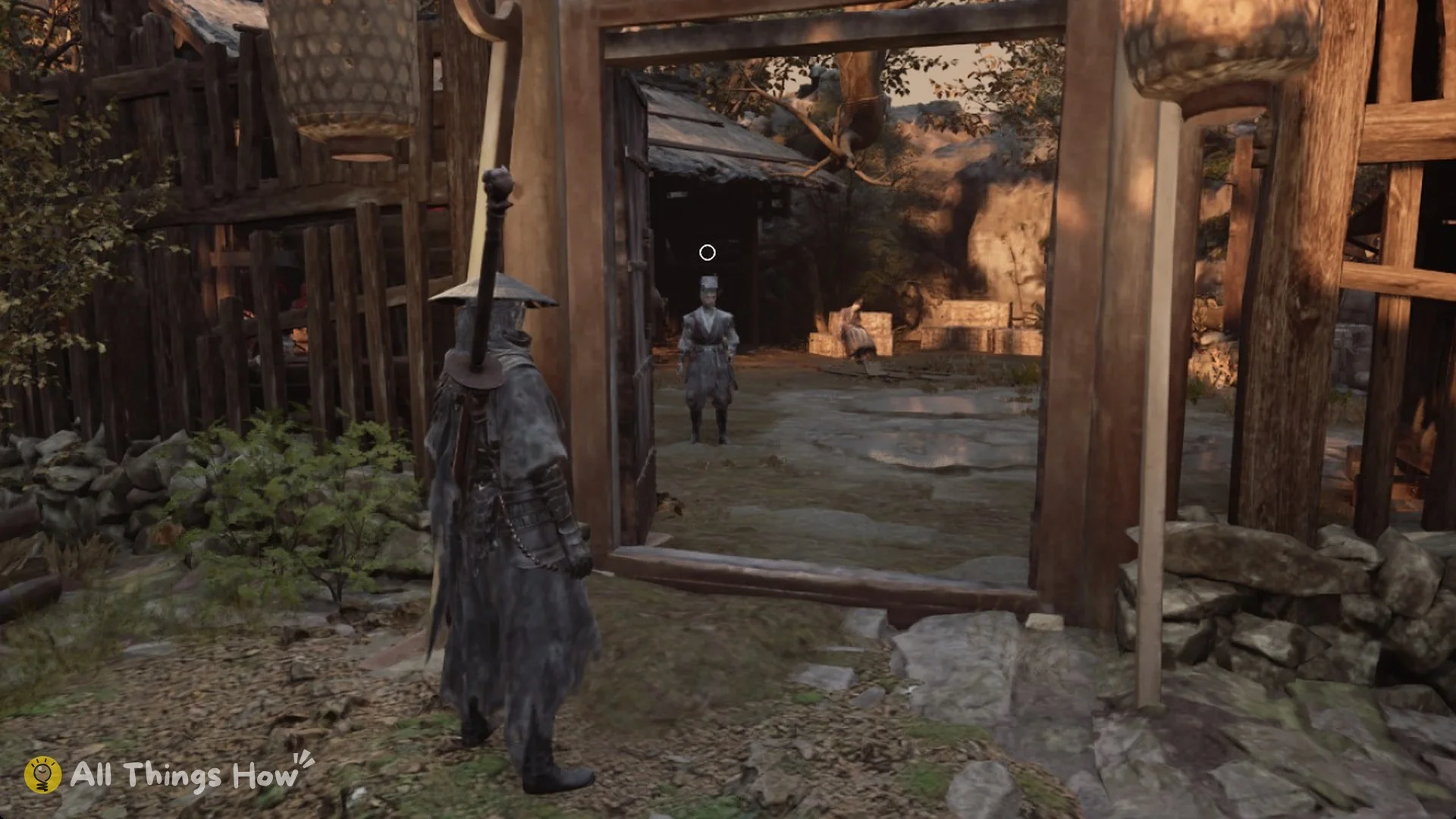 The Survivors' Courtyard gate open with a survivor standing inside, Phantom Blade Zero