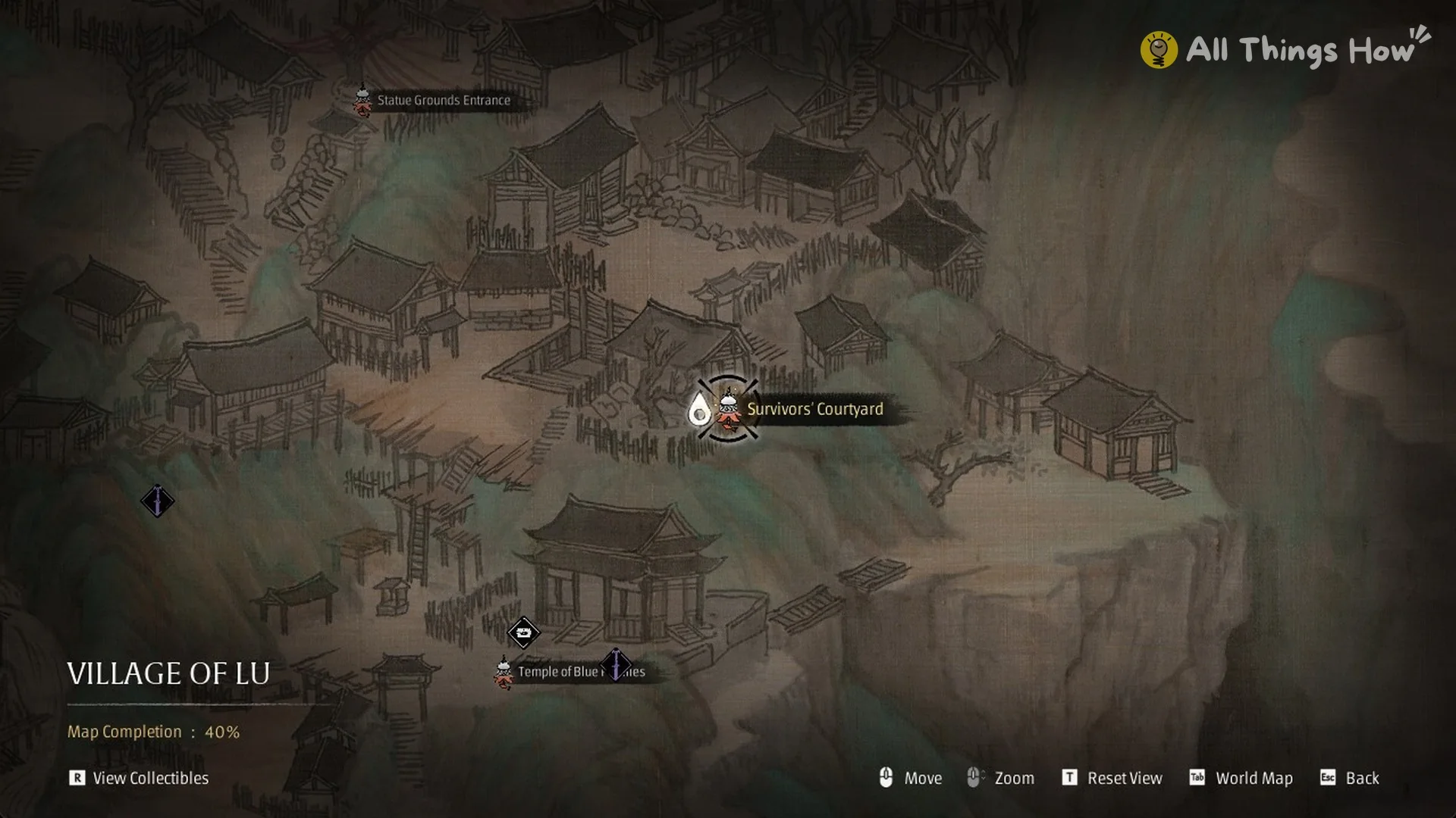 The Village of Lu map with the Survivors' Courtyard label and Map Completion 40%, Phantom Blade Zero