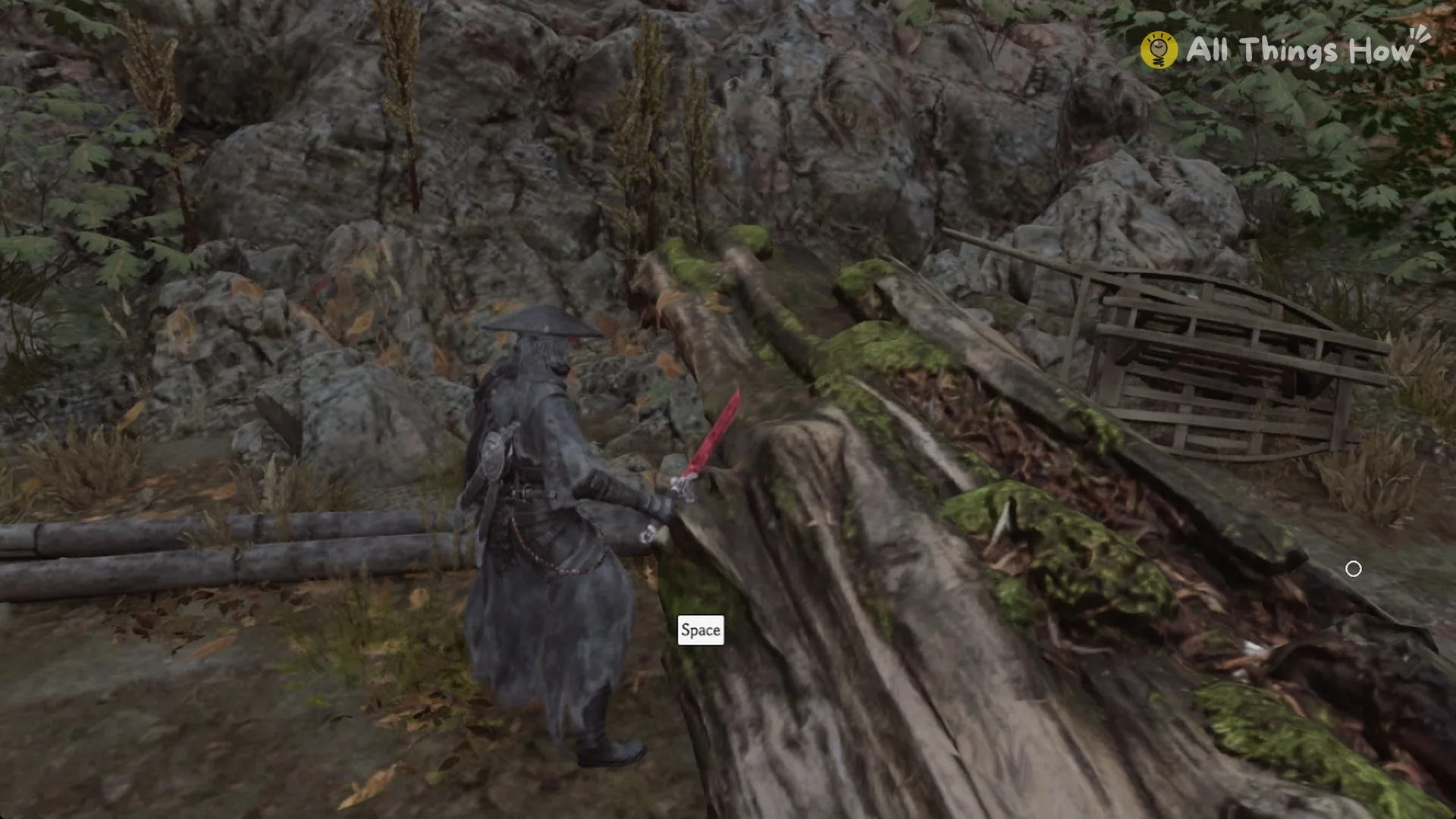 The Space prompt on the mossy fallen log beside the crate wall, Phantom Blade Zero