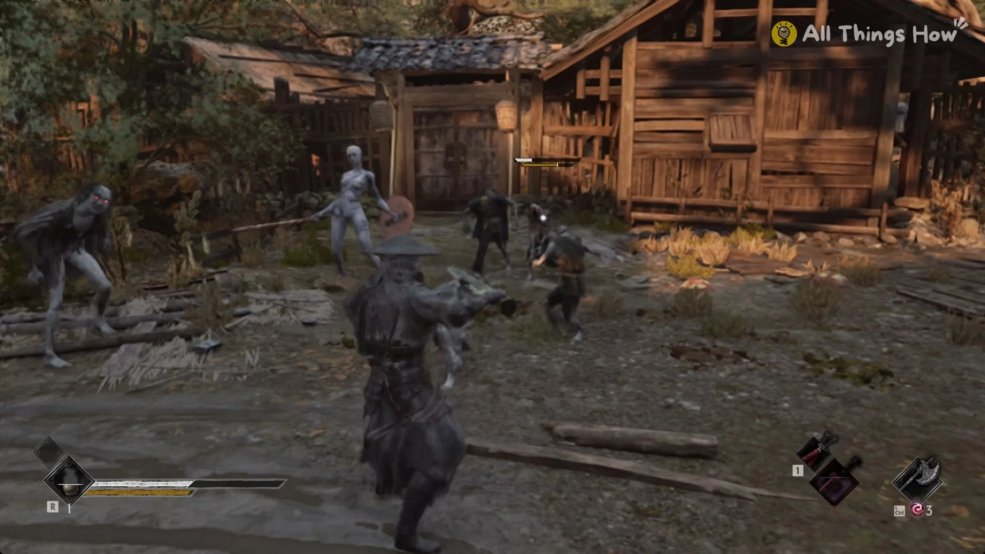 Soul facing the puppet pack in front of the Survivors' Courtyard gate, Phantom Blade Zero