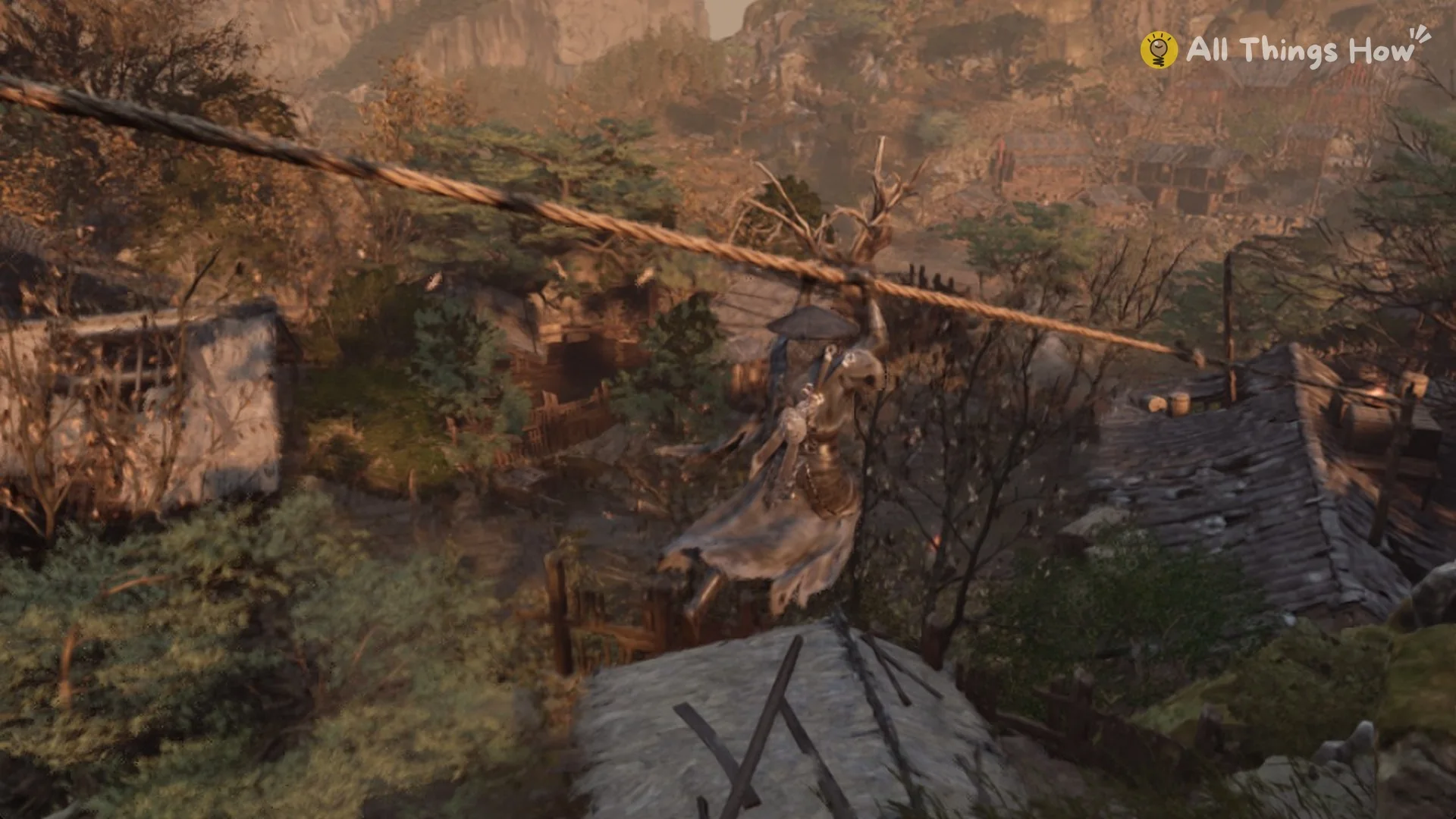 Soul sliding down the rope toward the village roofs, Phantom Blade Zero