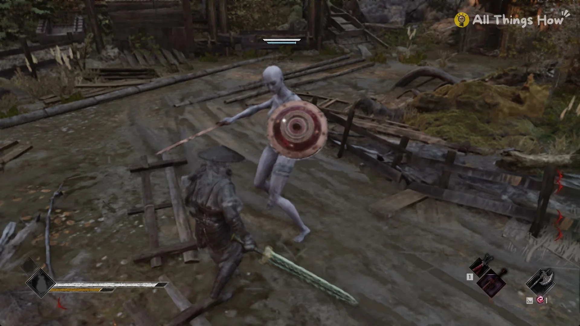 A Swordshield Puppet with a round shield attacking Soul before the Survivors' Courtyard, Phantom Blade Zero