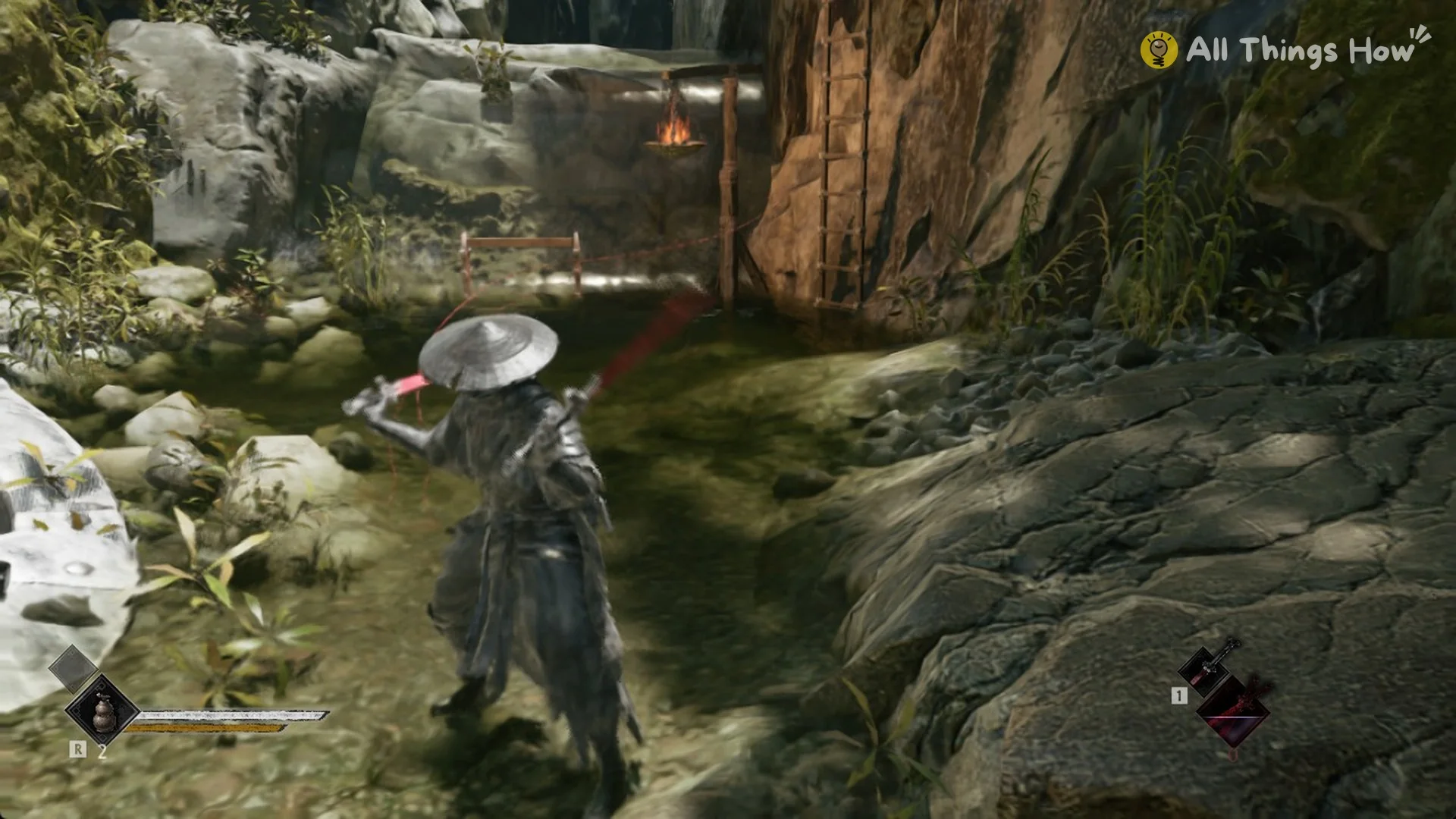 Soul holding the Sanguine Twin blades by the stream in Weeping Creek Valley in Phantom Blade Zero