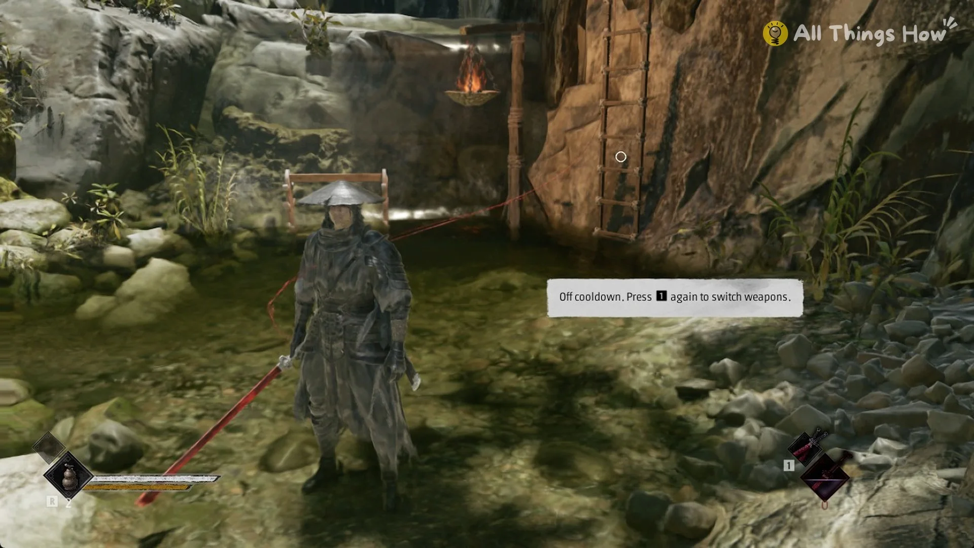 Off cooldown prompt telling you to press 1 again to switch weapons in Phantom Blade Zero