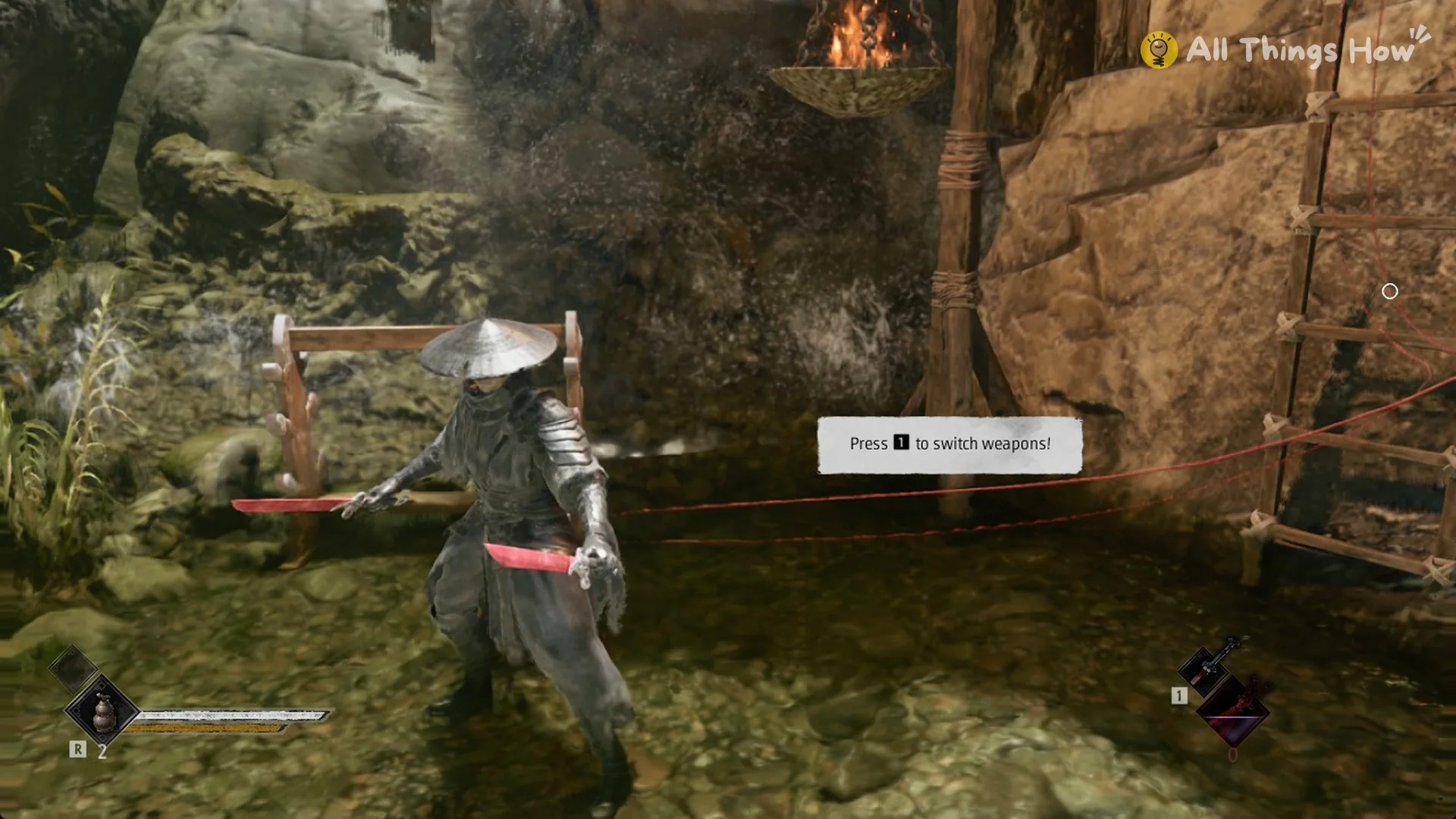 Soul holding the Sanguine Twin with the Press 1 to switch weapons prompt in Phantom Blade Zero