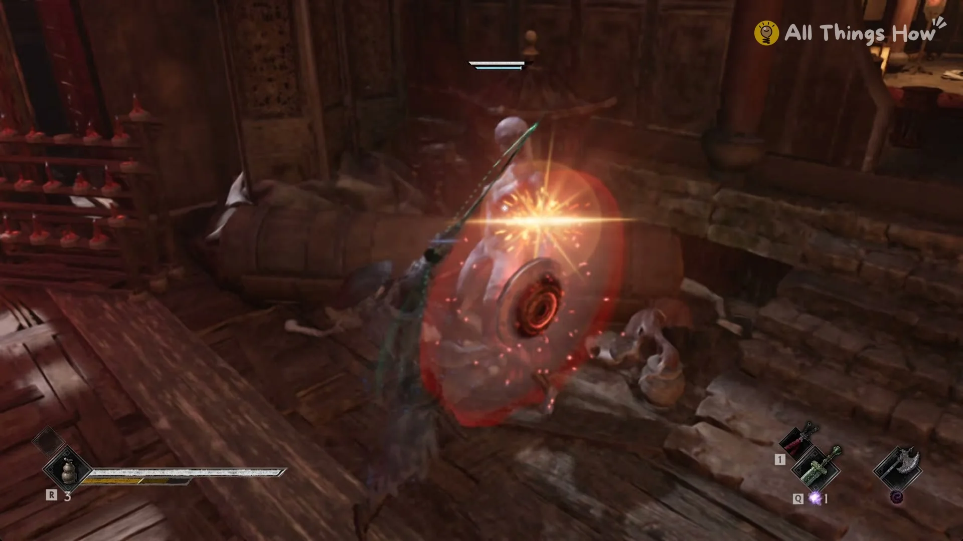 Sparks flying as the Swordshield Puppet blocks with its shield, Phantom Blade Zero