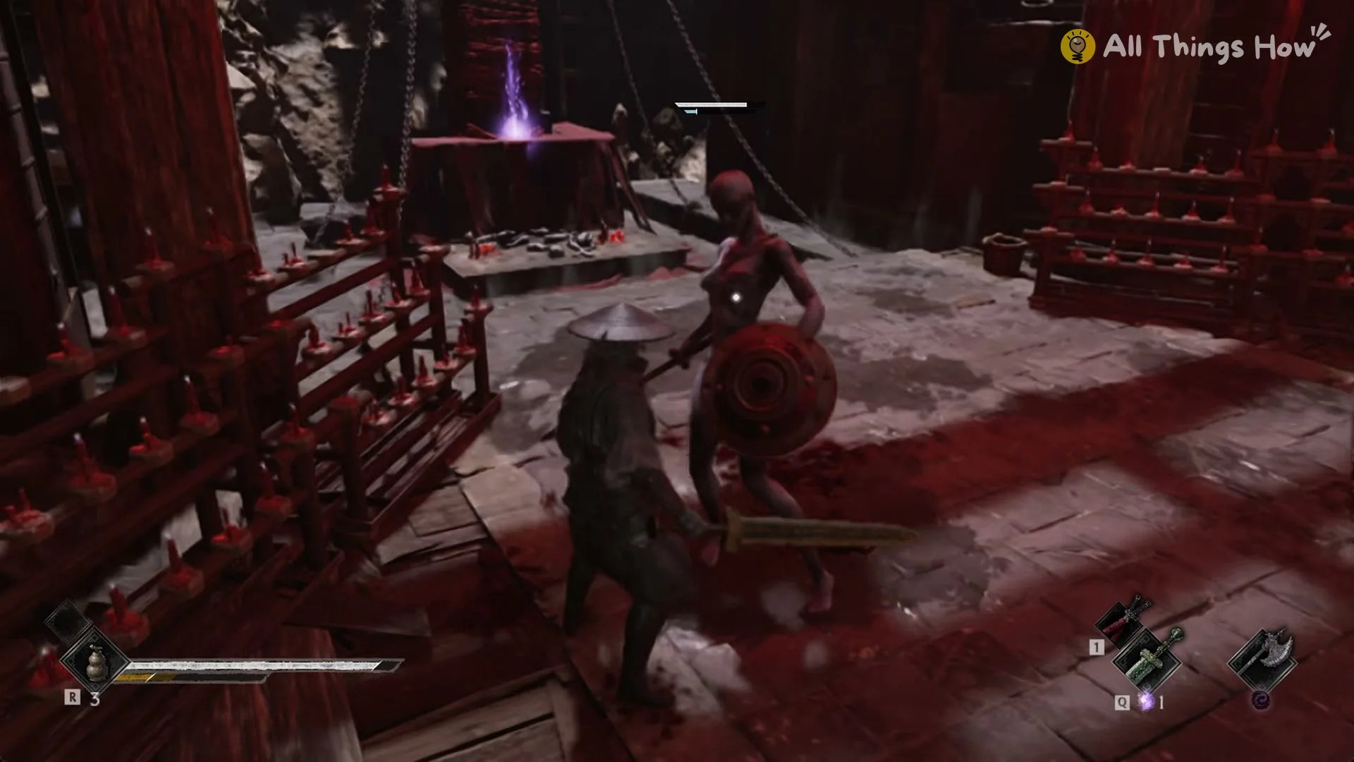 The Swordshield Puppet raising its round red shield against Soul, Phantom Blade Zero