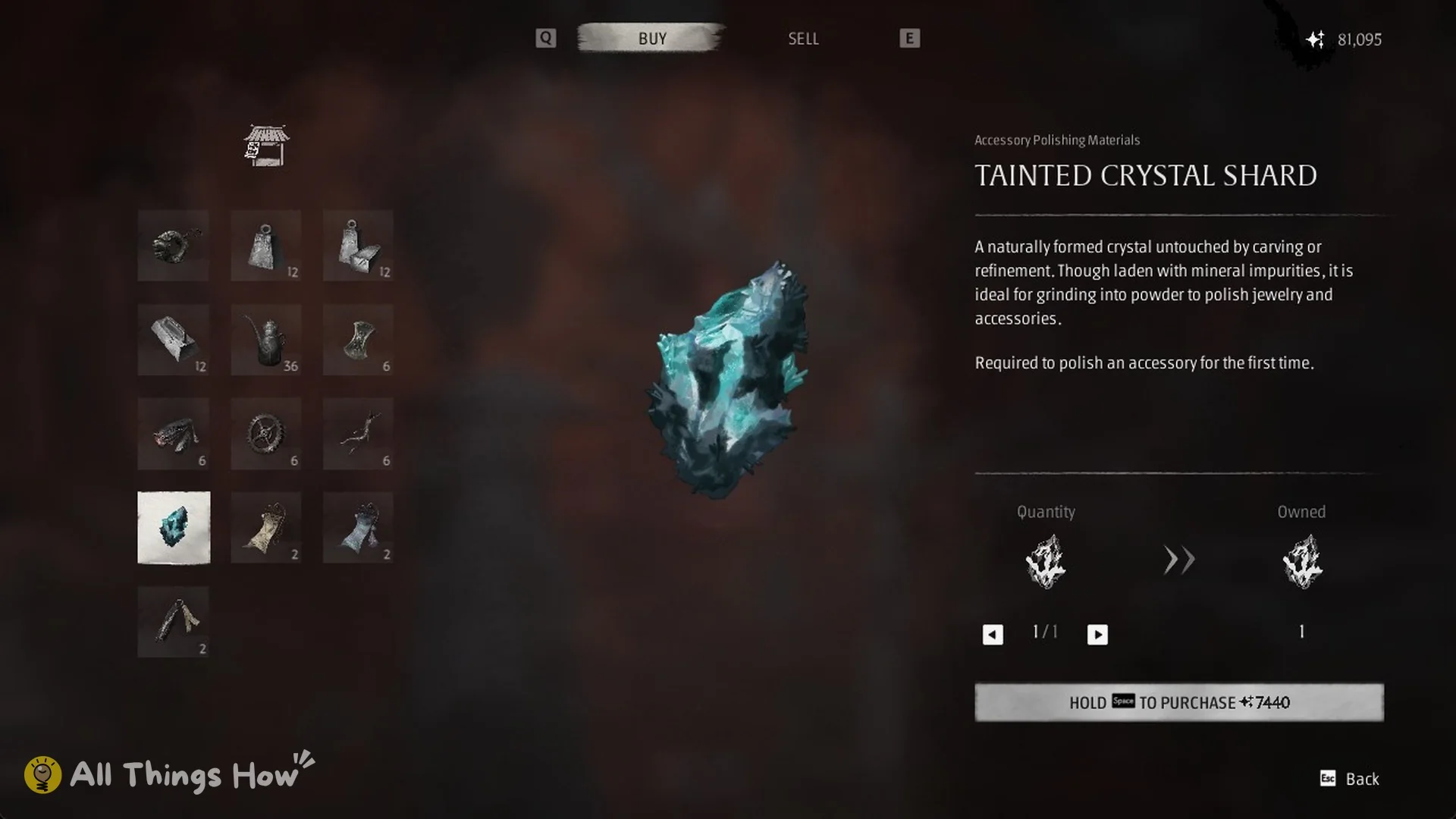 Tainted Crystal Shard for 7,440 Remnant Dust in the bell Store at the Mirrorwood Long Pillar bell, Phantom Blade Zero