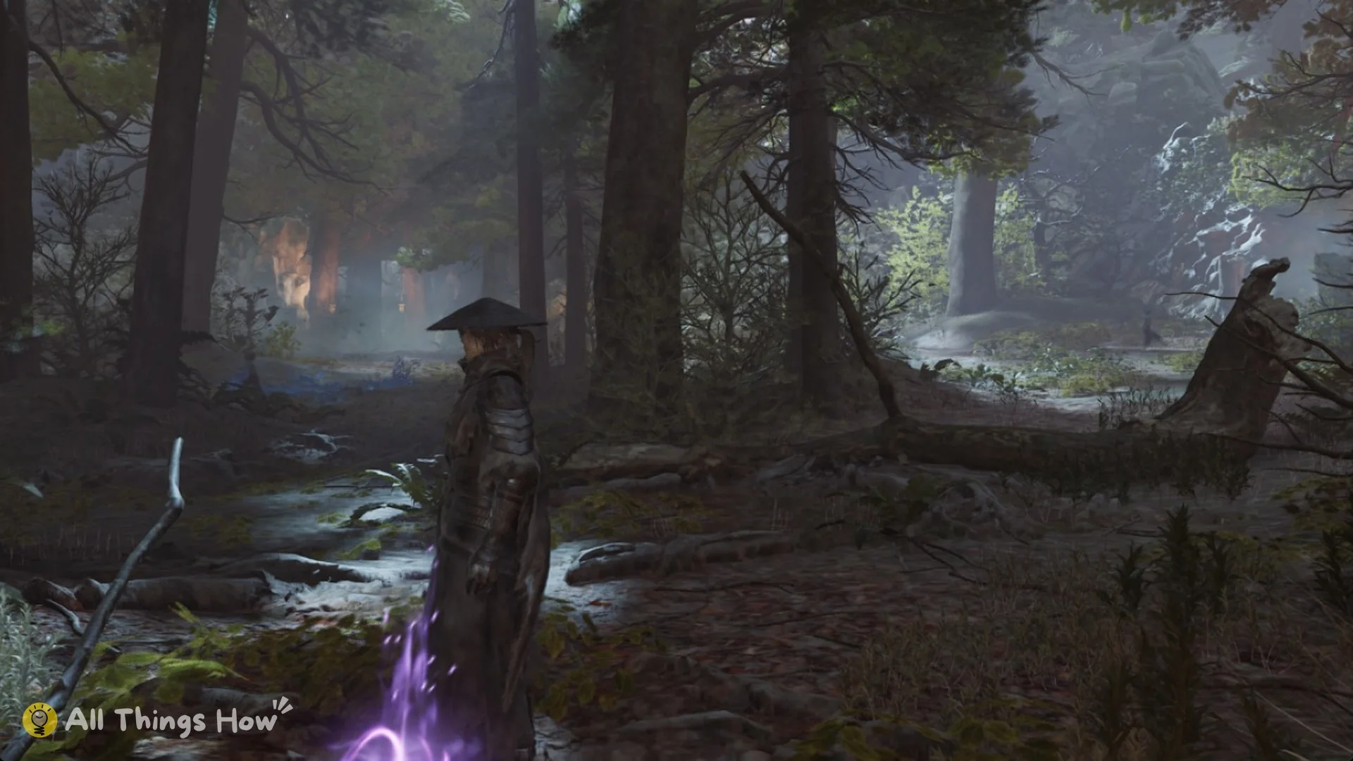 A purple Tainted Crystal Shard glint by the stream just inside the lantern-tree gate in Mirrorwood Depths, Phantom Blade Zero
