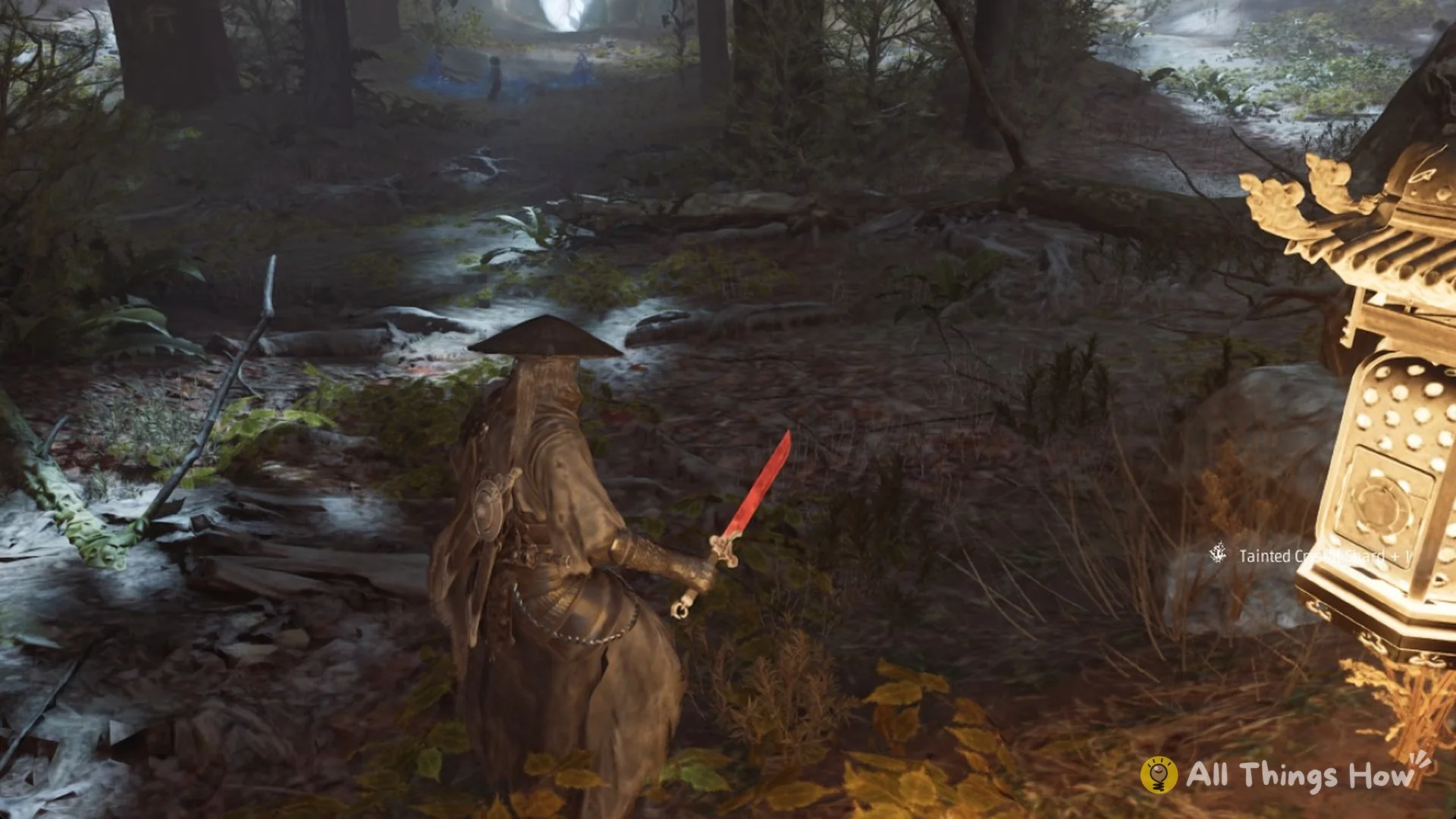 Tainted Crystal Shard pickup message beside a stone lantern in Mirrorwood Depths, Phantom Blade Zero