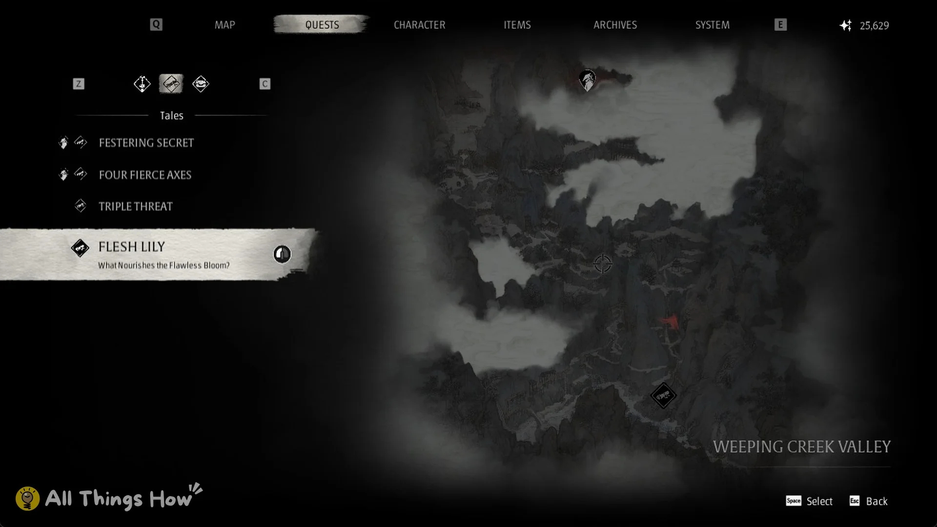 The Tales tab of the Quests menu listing Festering Secret, Four Fierce Axes, Triple Threat and Flesh Lily in Phantom Blade Zero