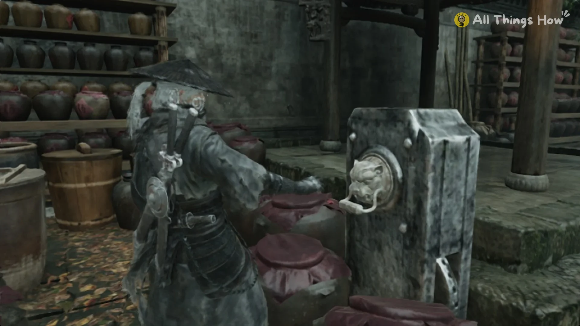 Soul pulls the lion-head ring on the stone post to open the pavilion floor in the Order’s tavern courtyard