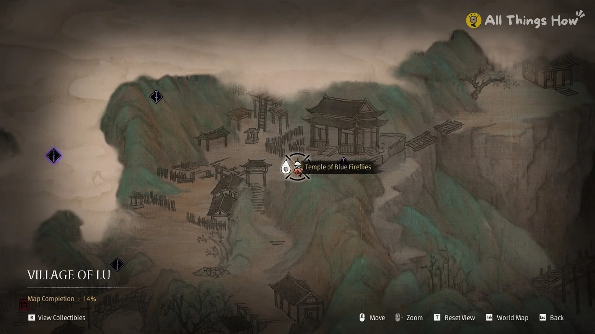 The Village of Lu map with the Temple of Blue Fireflies bell and Map Completion 14%, Phantom Blade Zero