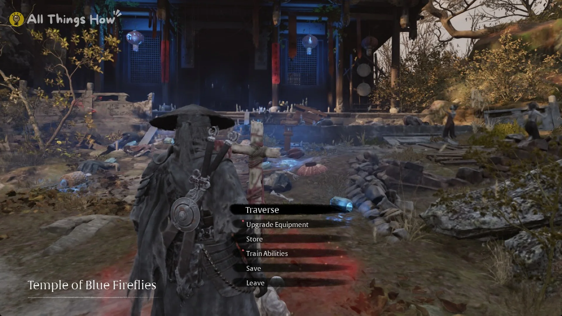 The Temple of Blue Fireflies bell menu with Traverse, Upgrade Equipment, Store, Train Abilities, Save and Leave, Phantom Blade Zero