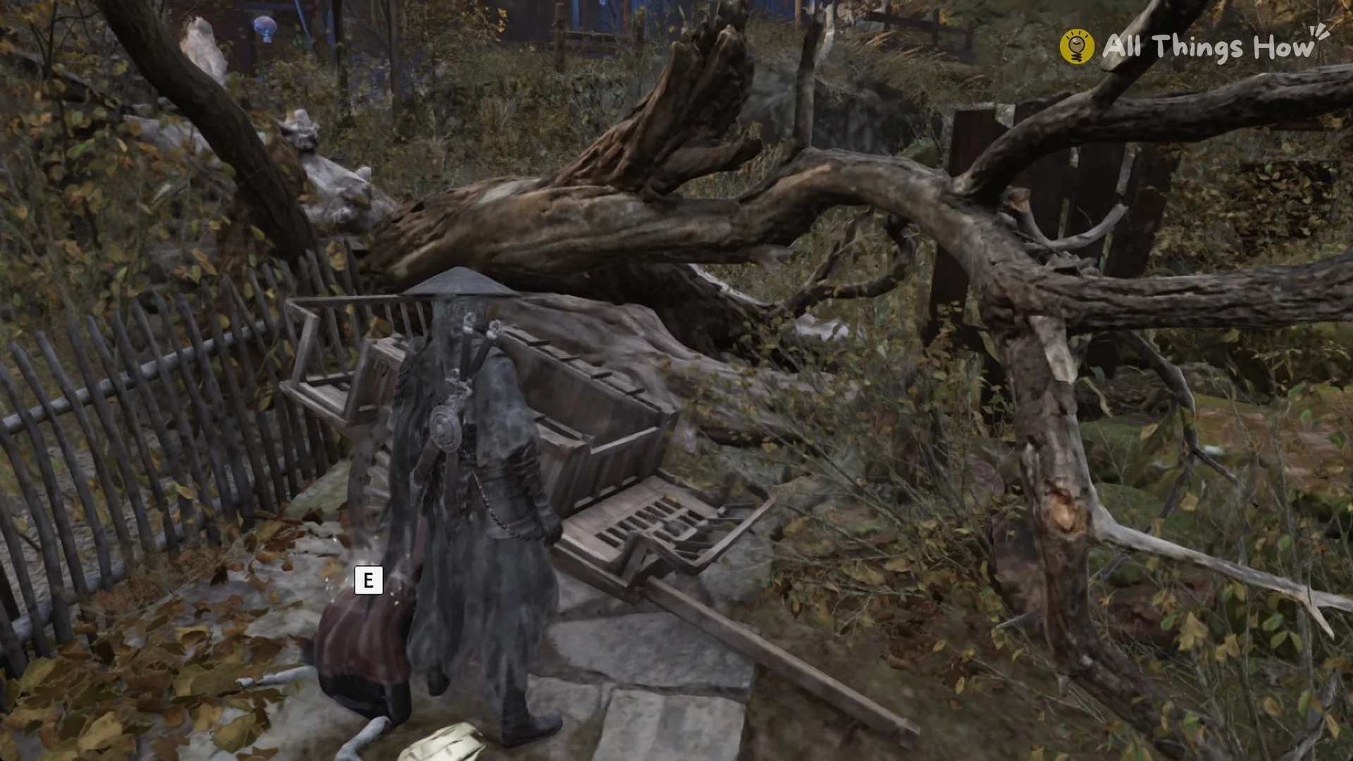 Soul at the rubbish heap by the fallen tree and cart with the E prompt, Phantom Blade Zero