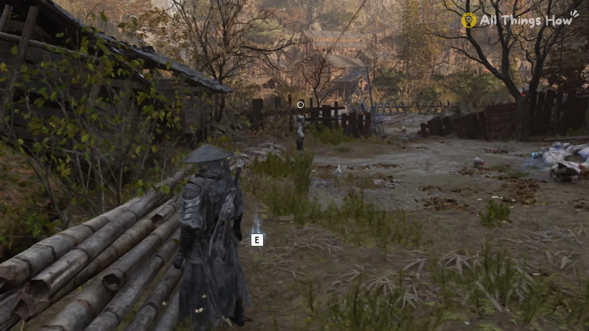 The E prompt at a pickup beside the bamboo pile in the field, Phantom Blade Zero