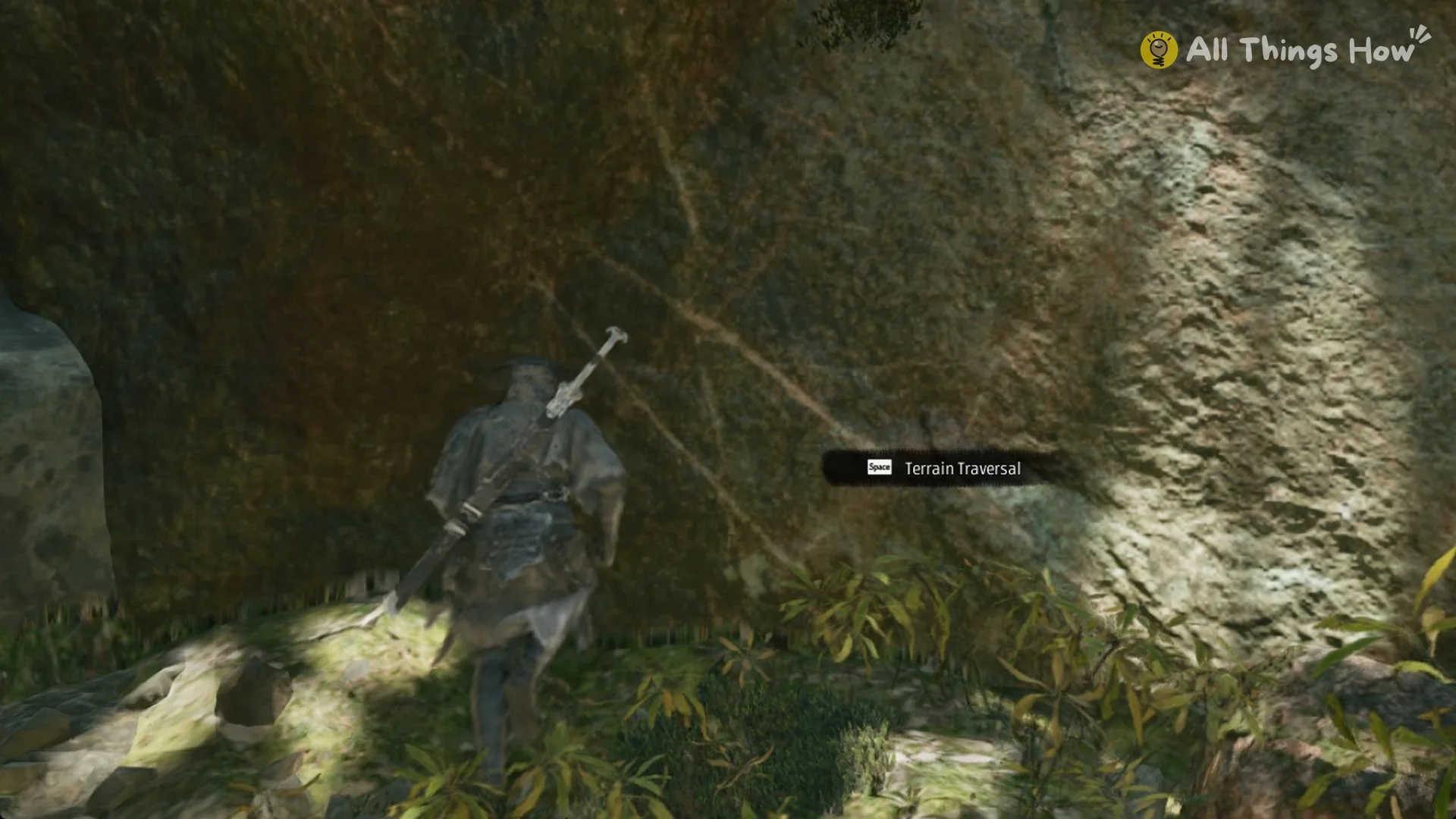 A Terrain Traversal prompt on a boulder with faint brown scratch marks in Phantom Blade Zero Chapter 1