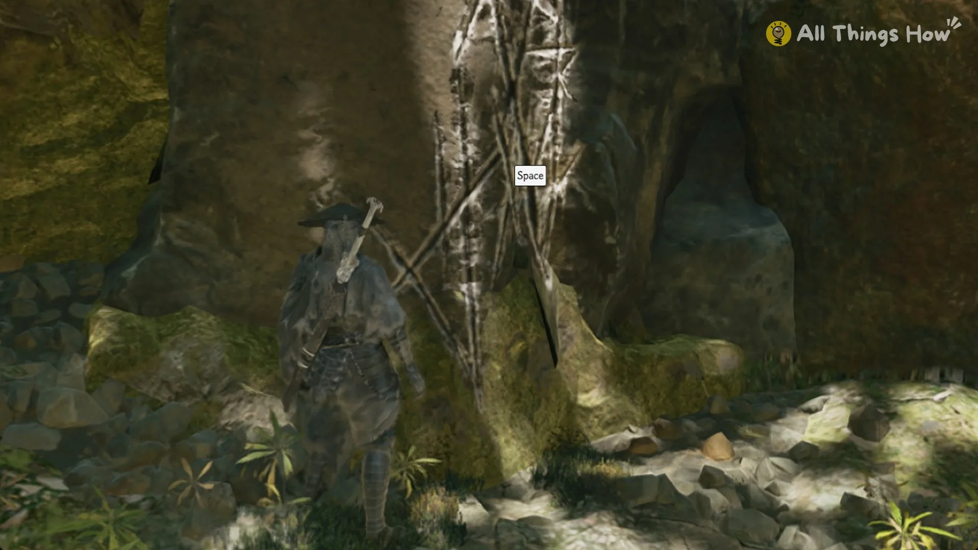 Soul in front of the white scratch marks with the Space prompt on them in Phantom Blade Zero