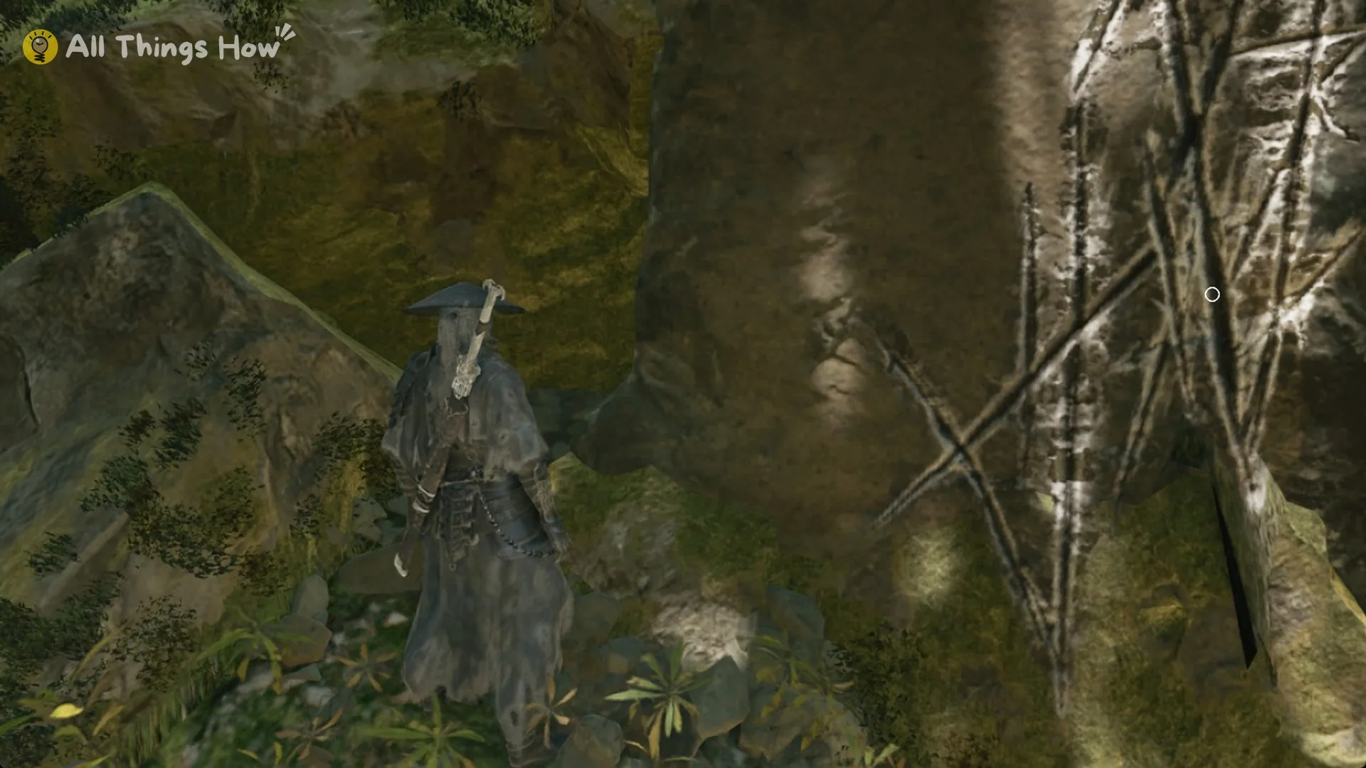 A rock face with bright white crossed scratch marks that mark a climb point in Phantom Blade Zero