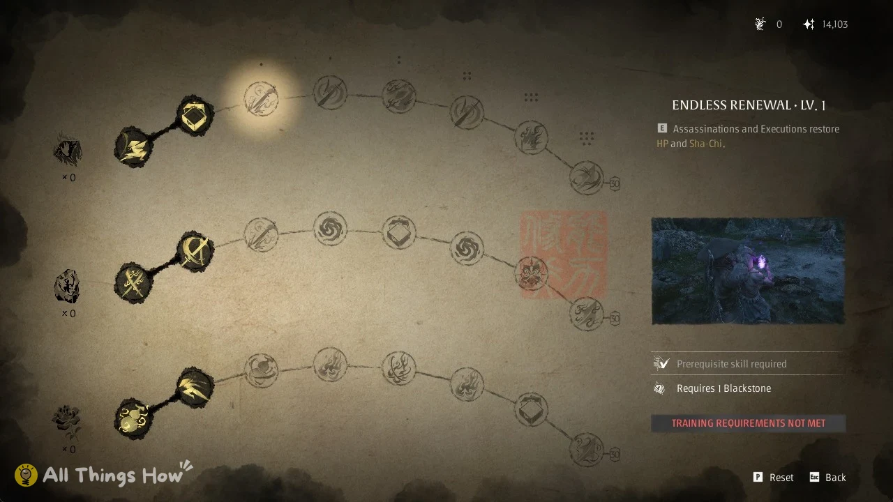 Endless Renewal Lv. 1 node requiring 1 Blackstone in the Train Abilities tree in Phantom Blade Zero