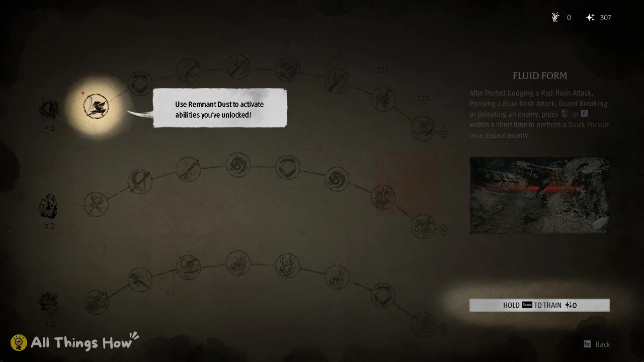 Dark ink-style skill tree with three branches of circular ability icons and a Fluid Form description panel on the right.