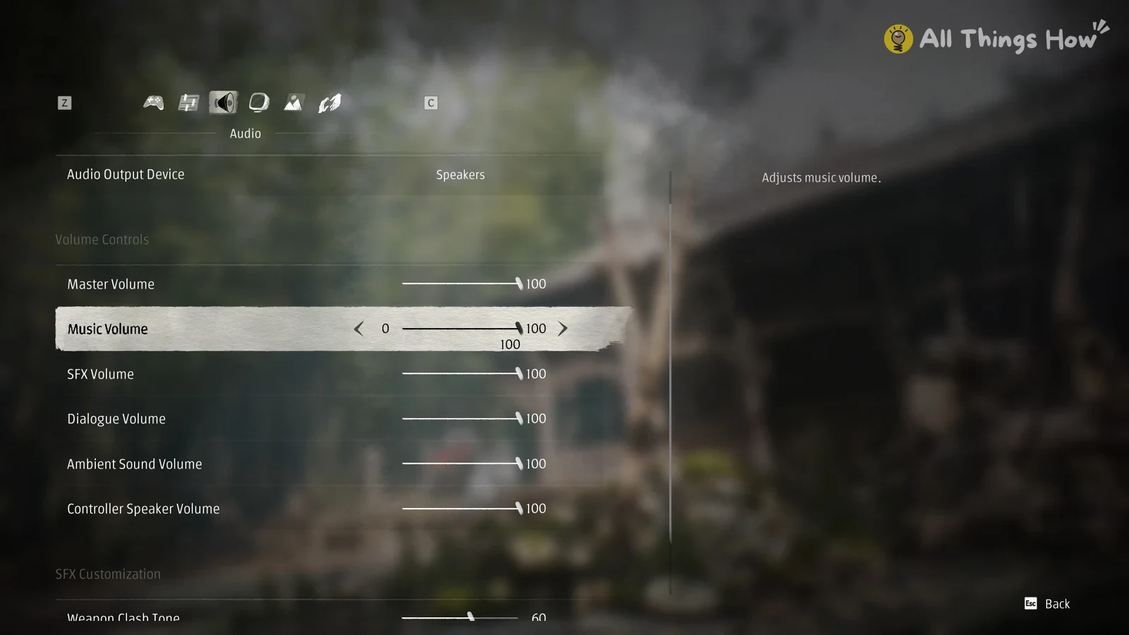 Game audio settings menu listing volume sliders all at 100, with Music Volume highlighted, over a blurred village background.