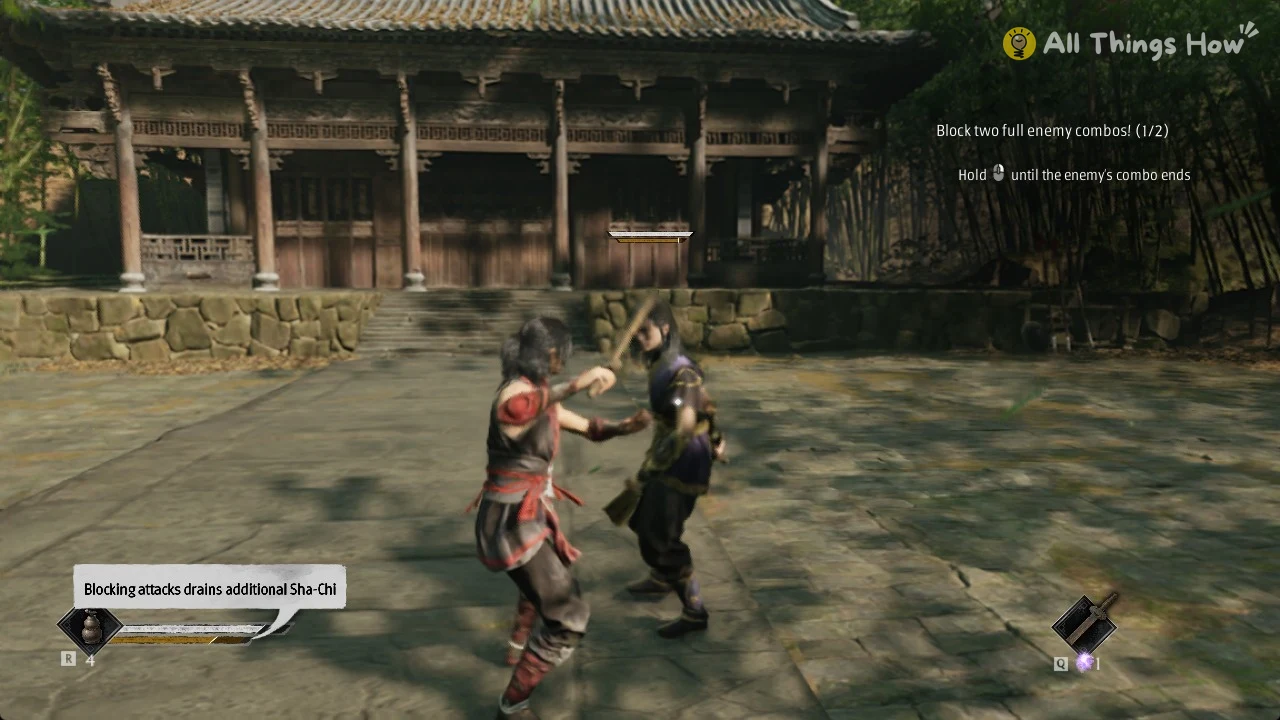 Phantom Blade Zero heroine blocking Zuo Shang's combo in front of the temple hall during the blocking tutorial