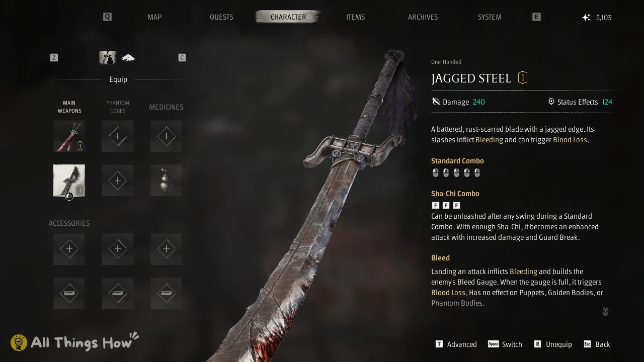 Phantom Blade Zero Character Equip screen with MAIN WEAPONS, PHANTOM EDGES and MEDICINES columns