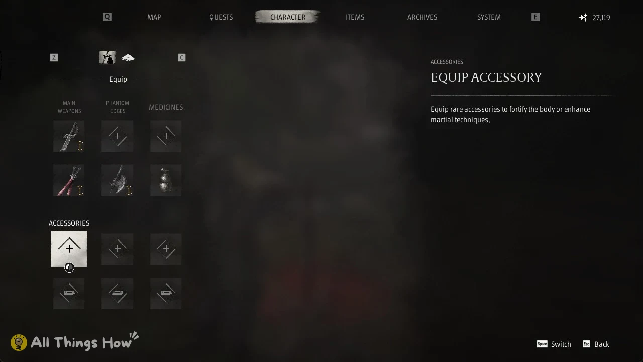 Phantom Blade Zero Equip screen with an empty accessory slot selected and the EQUIP ACCESSORY text