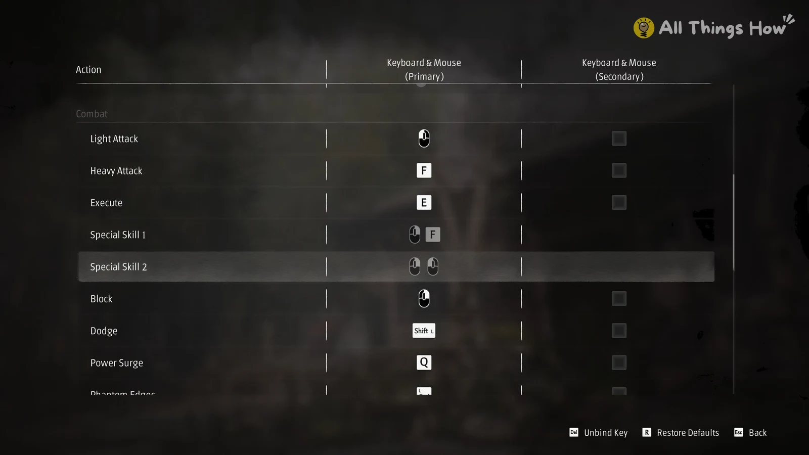 Combat key binding list showing Light Attack, Heavy Attack, Execute, special skills, Block, Dodge and Power Surge keys.
