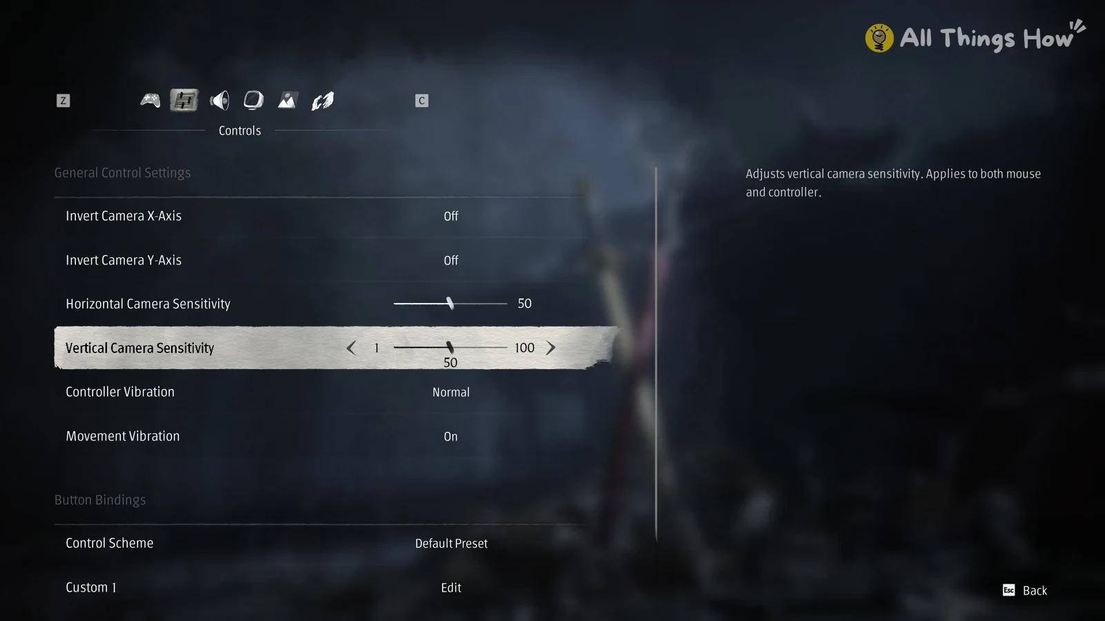 Controls settings menu with camera inversion toggles, sensitivity sliders at 50, vibration options and button binding entries.