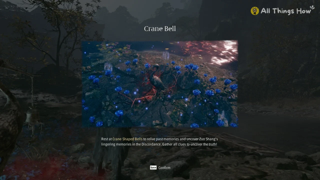Tutorial panel titled Crane Bell showing a crane statue among glowing blue flowers, with explanation text and a Confirm prompt.