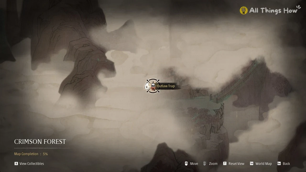 Crimson Forest map screen with Map Completion 5% in Phantom Blade Zero
