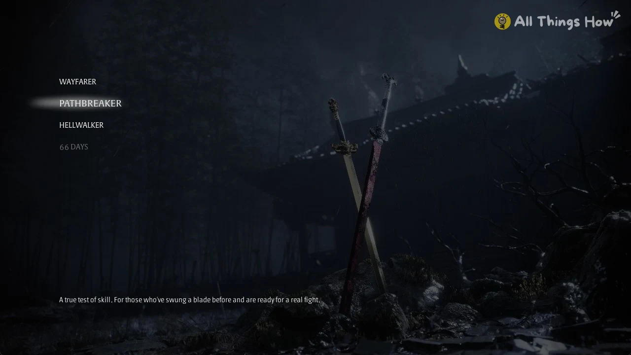 Dark rainy temple courtyard with two crossed swords stuck in rocks, difficulty options listed on the left.