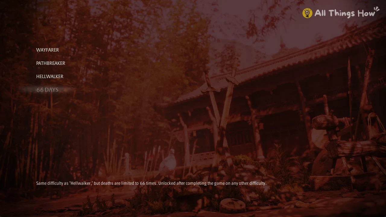 Difficulty menu with four options over a red-tinted courtyard with crossed swords, a white bird and a temple.