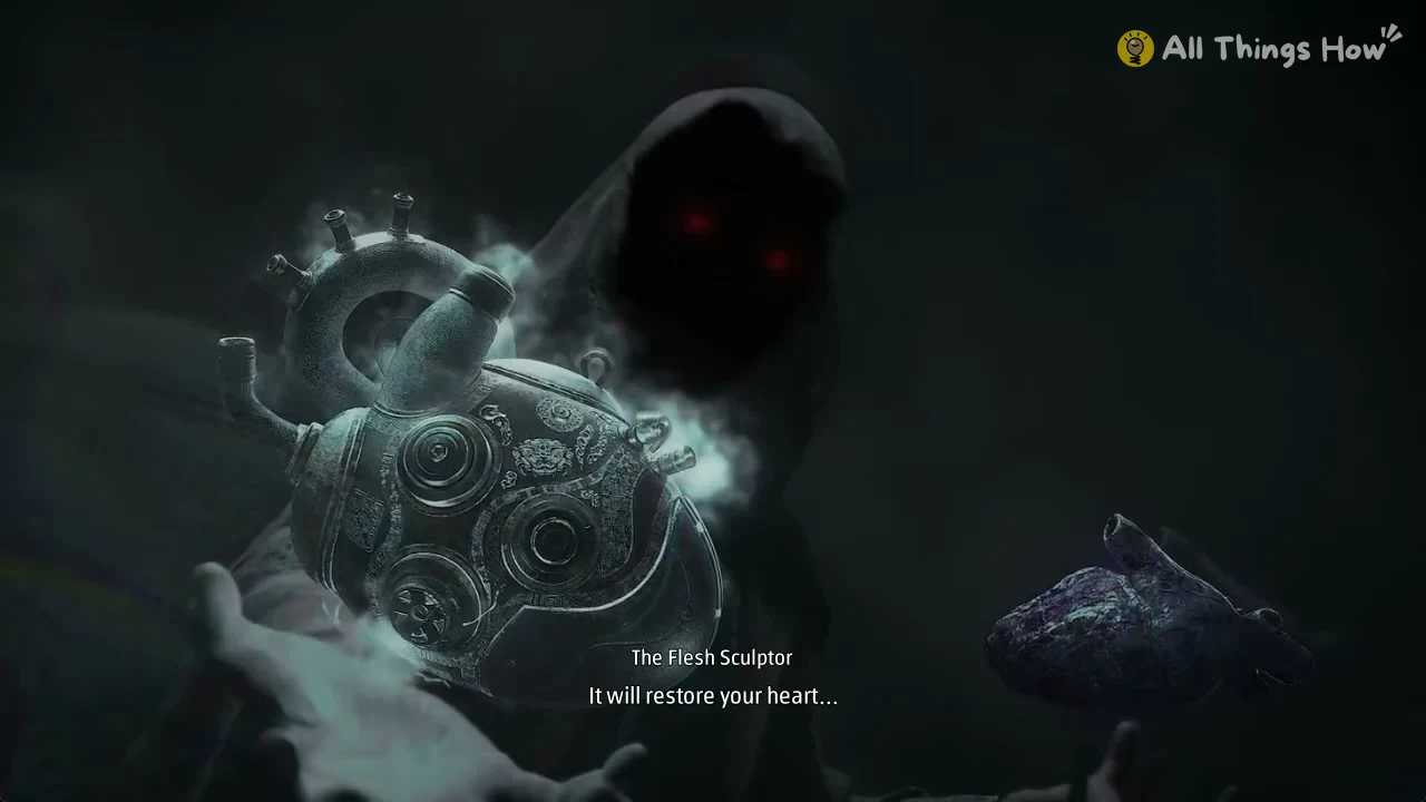 Hooded figure with red eyes holds a glowing engraved metal heart in one hand and a dark flesh heart in the other.