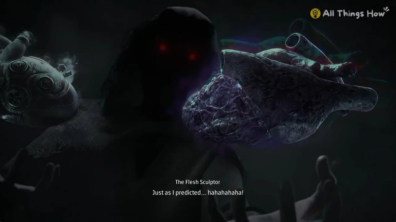 Hooded figure with red eyes behind a large purple-veined flesh heart, with a metal heart at the left edge.