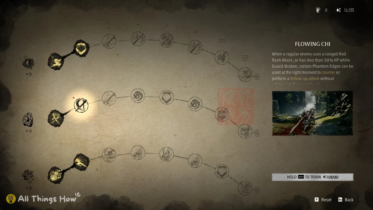 Flowing Chi ability text about Guard-Broken enemies in Train Abilities in Phantom Blade Zero