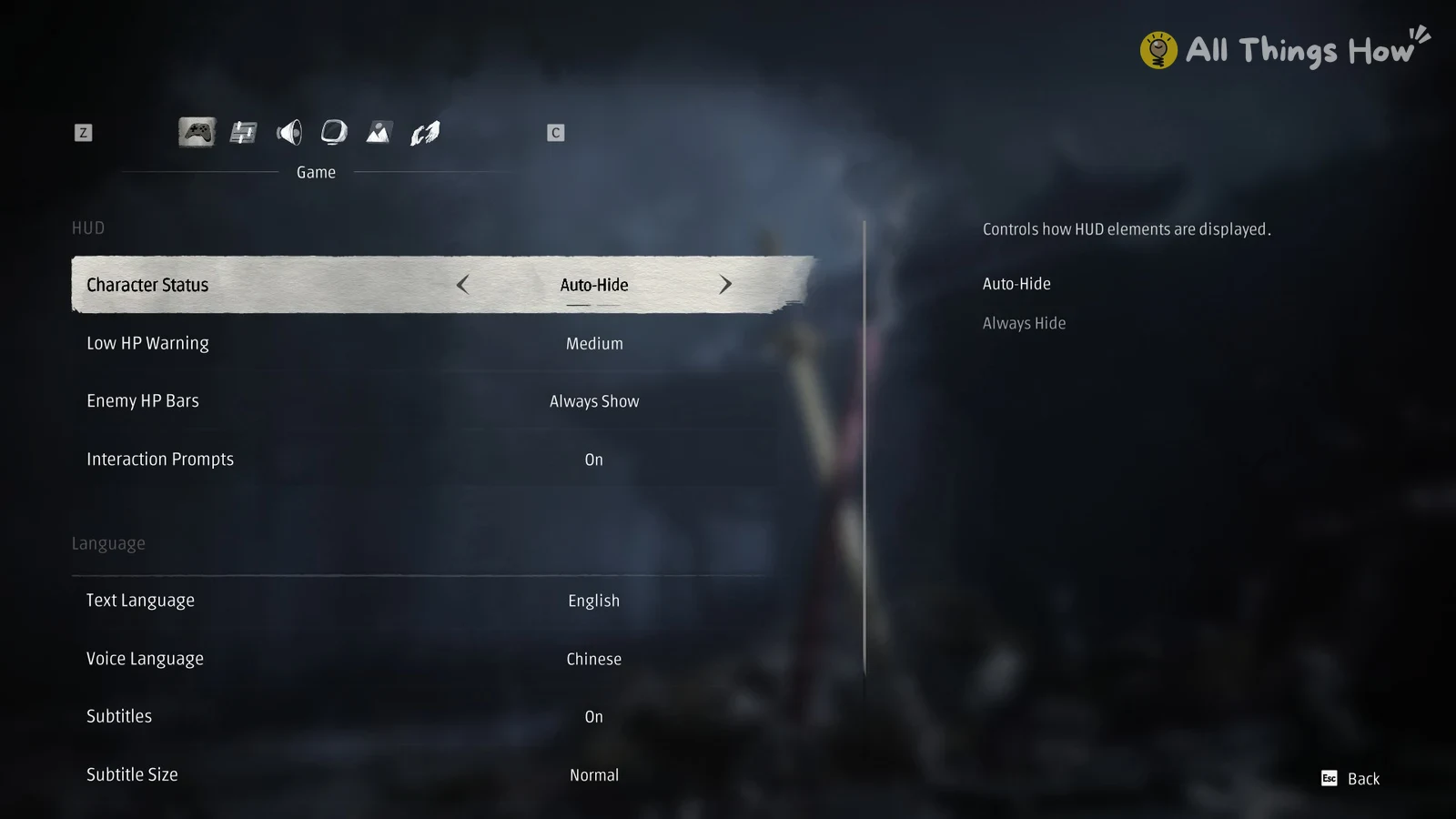 Game settings menu with HUD options and language settings, Character Status highlighted showing Auto-Hide and Always Hide choices.