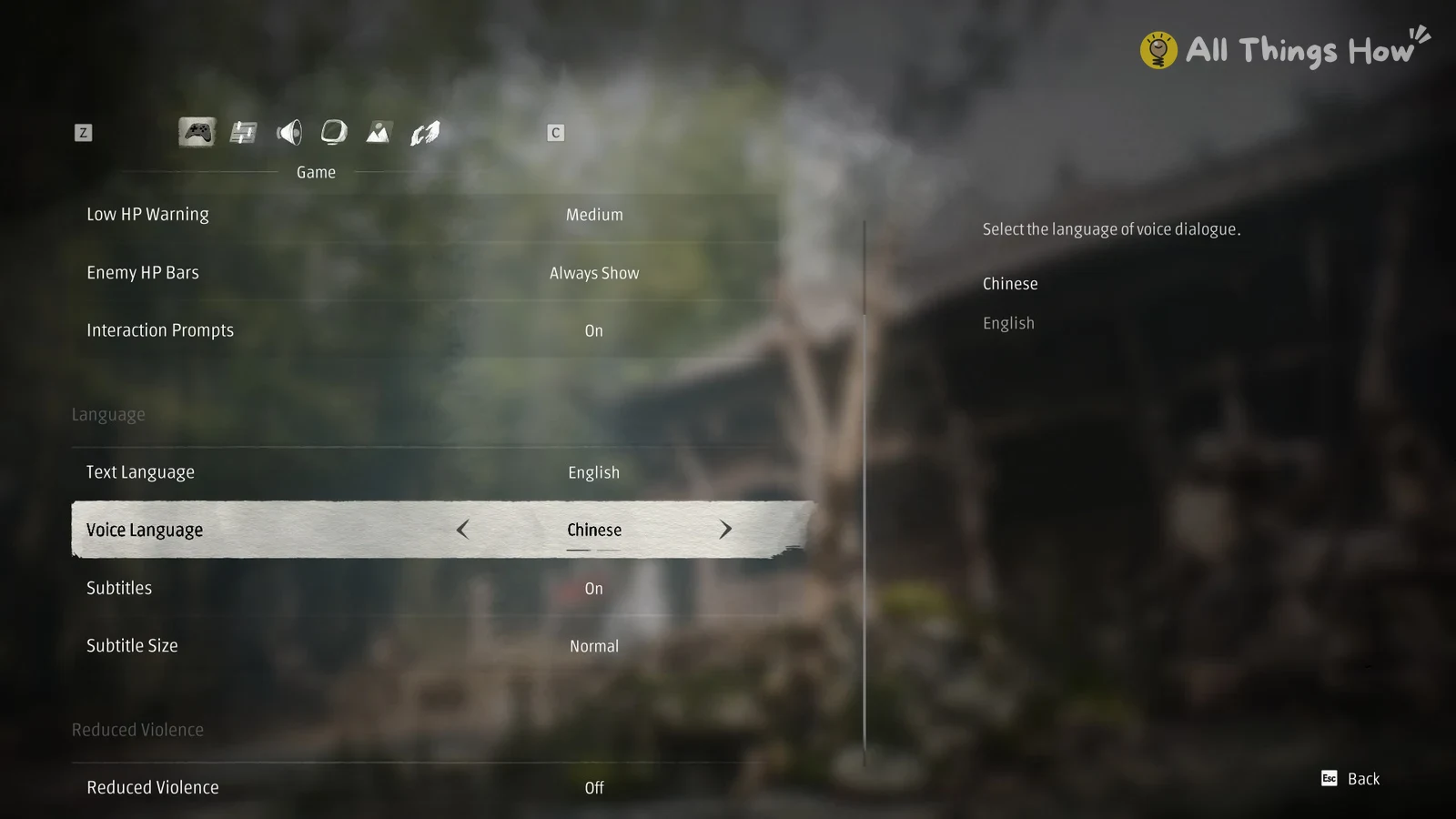 Settings menu with options listed on the left and a Voice Language row highlighted showing Chinese, over a blurred courtyard background.