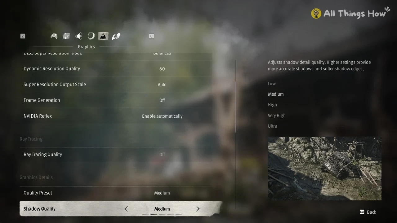 Game graphics settings menu listing options like Frame Generation and Ray Tracing Quality, Shadow Quality highlighted, preview image at right.