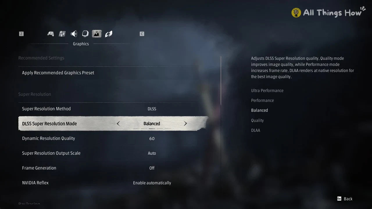 Graphics settings menu listing super resolution options, with DLSS Super Resolution Mode highlighted and set to Balanced.