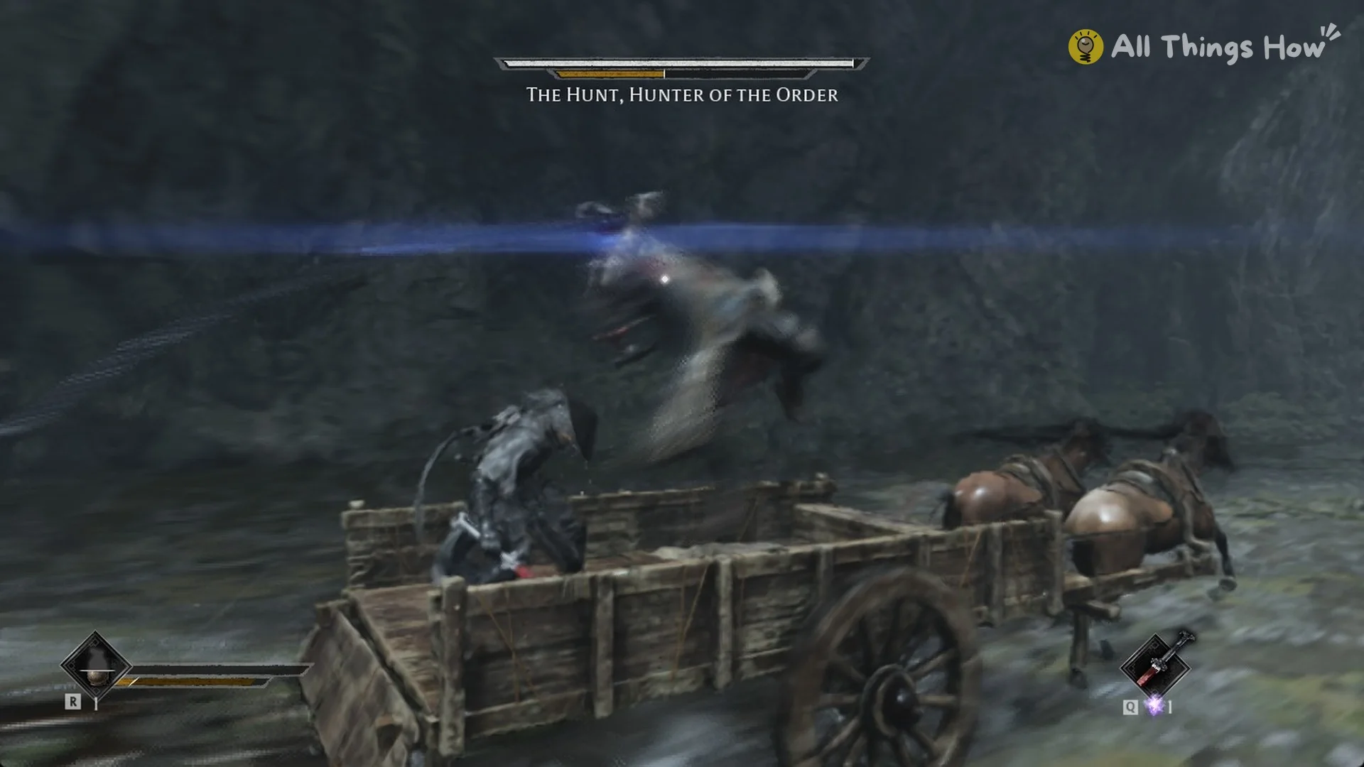 A blue streak across the screen as The Hunt leaps in, marking a Blue-flash attack in Phantom Blade Zero
