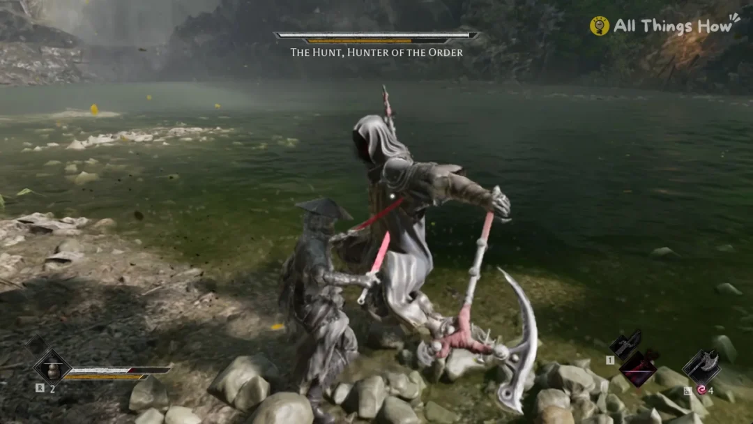 The Hunt leaping over Soul with his chain sickles on the bank of the Great Waterfall pool, Phantom Blade Zero