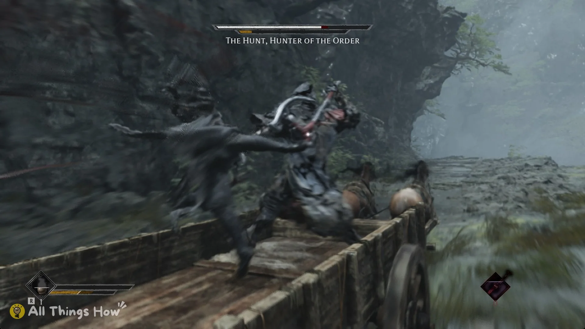 Soul trading blows with The Hunt up close on the cart in Phantom Blade Zero