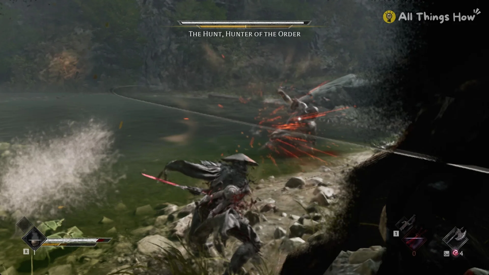 The Hunt's chain lash cutting across the water and striking Soul, Phantom Blade Zero