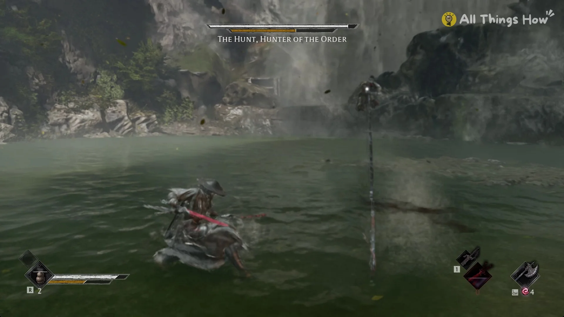 The Hunt vaulting up on his planted chain sickle above the pool, Phantom Blade Zero