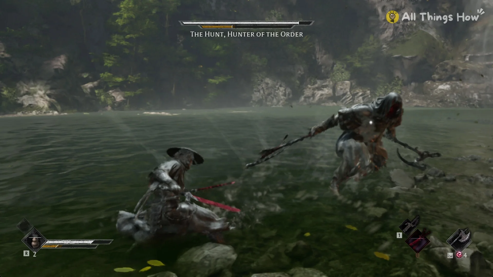 The Hunt dashing in with his chain sickle stretched out toward Soul, Phantom Blade Zero