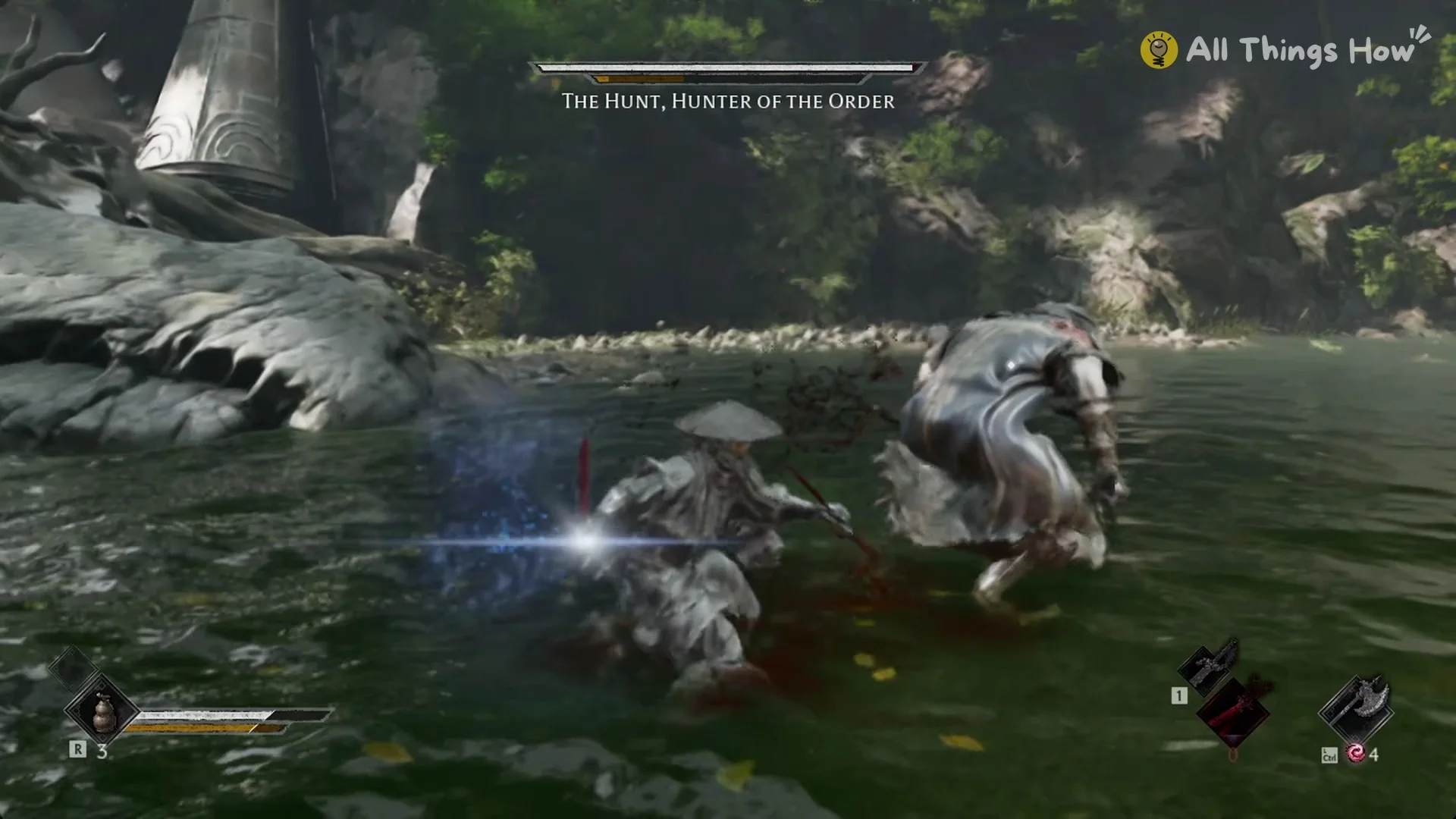 Blue flash of a clean parry against The Hunt's sickle, Phantom Blade Zero